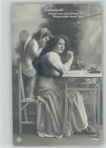 Amor flüstert - Liebesbrief schreiben 1913 Foto AK