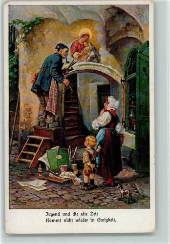 sign J. Frank "Die gute alte Zeit" - Vater malt die Außenfassade des Hauses an, Kind mit Spielzeug