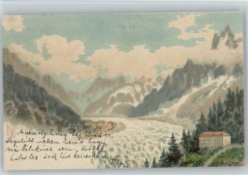 Chamonix-Mont-Blanc 1900 Mer de Glace bei Chamonix Künstlerkarte Berge Fluß