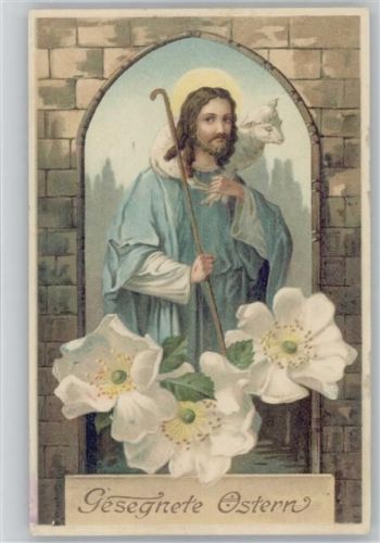 1914 Gesegnete Ostern - Jesus mit einem Lamm und weissen Blumen, litho , christliches