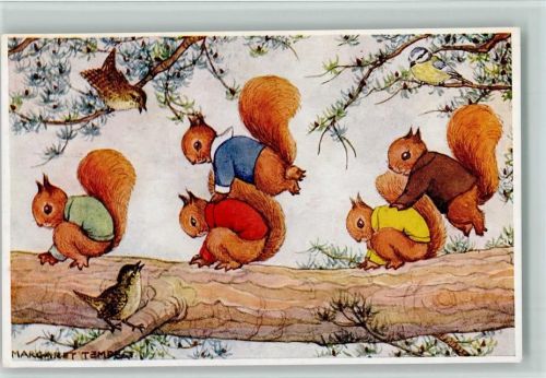 Eichhörnchen spielen auf dem Ast , sign Margaret T.