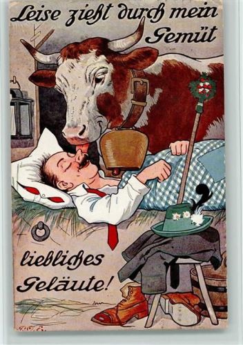 1912 Humor - Kuhglocke - die Kuh leckt den Wanderer wach