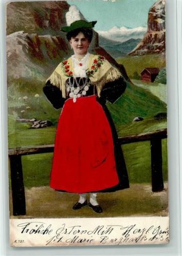 1906 AE Nr. 151 - Stoffapplikation - Frau mit roter Schürze