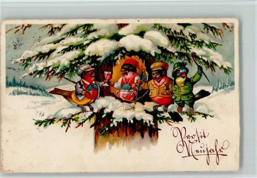 Fröhliche Vogelrunde mit Bowle - Neujahr - Litho