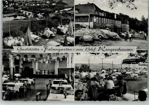 Rengershausen Gasttätte Felsengarten am Bahnhof Rengershausen Innenaufnahme Gastraum Terrasse VW-Käfer 4-Bildaufnahme
