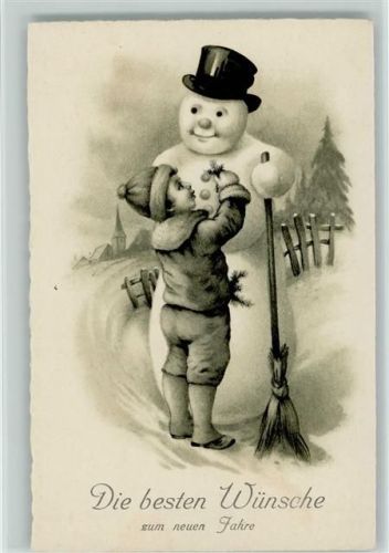 Neujahr - Schneemann mit Zylinder und Besen