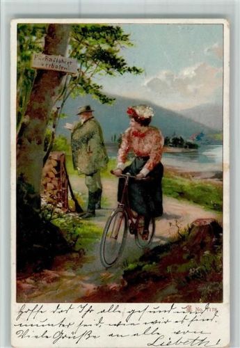 1900 Radfahren verboten! Frau auf einem Fahrrad AK