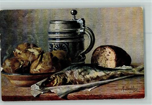 Serie 301 - Stilleben - Kartoffeln , Fisch, Krug AK