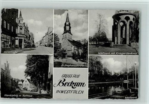 Beckum Nordstraße Marktplatz mit Rathaus St. Stephanuskirche Westpark mit Kriegerdenkmal Westpark Mehrfachaufnahme