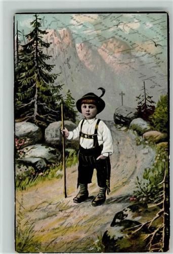 Kind in Lederhose mit einem Wanderstock 1904 AK Berge