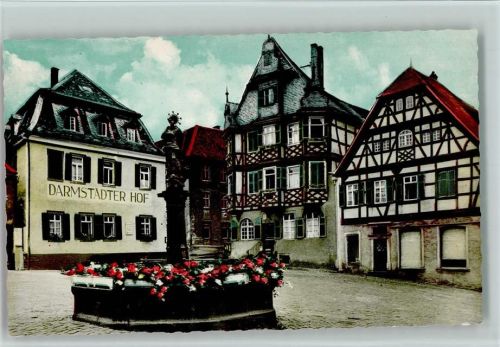 Heppenheim Marktplatz mit Apotheke und Brunnen Fachwerkhäuser Darmstädter Hof
