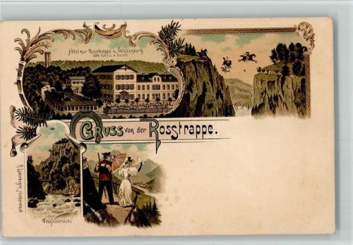 Thale 1898 Gruss aus - von der Rosstrappe , Hotel, Wanderer, Hexensprung