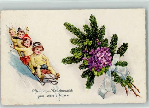 Kider auf Schlitten Tannenzweig mit Blumen