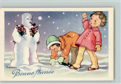 Bonne Annee Schneemann Pfeife Blumen in den Armen Kinder sign.