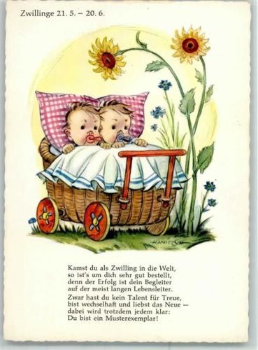 Zwillinge - Hanitzsch Karte Nr. 636 - Gedicht - Babys im Kinderwagen AK