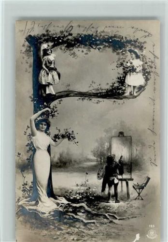 NPG 195 - Buchstabe P aus Baumäste 1908 Foto AK Maler mit Staffelei