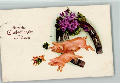 Neujahr - Kleine Schweine und großes Hufeisen mit Blumen 1935 AK