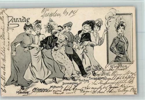 1904 Montag bis Sonntag Parade der Frauen - Jugendstil AK