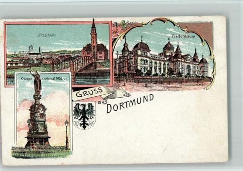 Dortmund 1906 Gruss aus - Stadthafen, Kriegerdenkmal, Fredenbaum AK