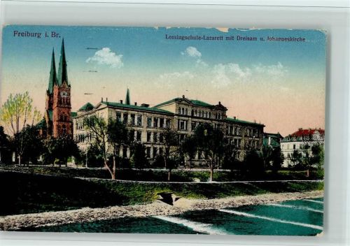 79098 W7800 Freiburg im Breisgau - Lessingschule-Lazarett mit Dreisam und Johanneskirche