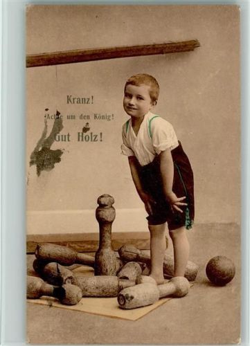 1912 Gut Holz - Kleiner Junge mit Holzkegel und Kugel "Achte um den König" AK