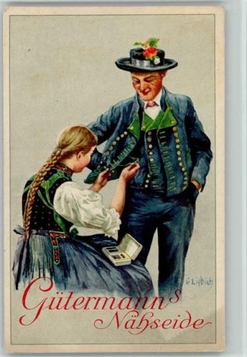 Werbung Gütermanns Nähseide - Trachten, Knopf annähen