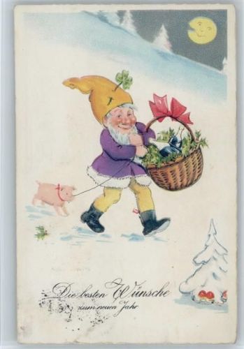 1928 Neujahr - Zwerg mit Sektflaschen im Korb