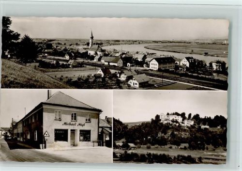 Pleinting 1958 Burgruine Hilgarsberg, Kolonialwaren , Bahnlinie, gute Erhaltung AK