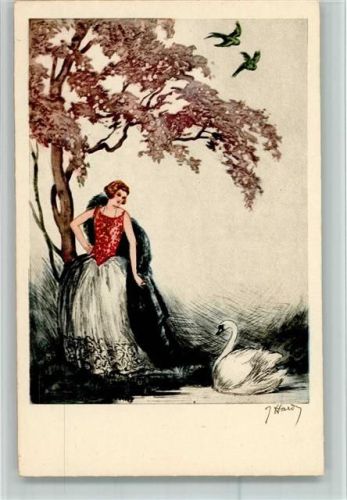 Art Deco Mode , Frau mit Schwan, gute Erhaltung