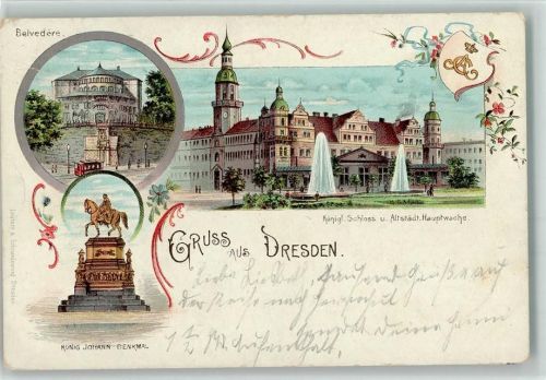 Dresden 1899 Belvedere Königl. Schloss Springbrunnen und Altstädt. Hauptwache König Johann-Denkmal Wappen Ornamente