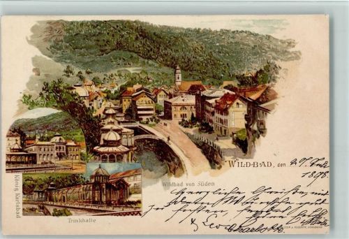 Bad Wildbad 1898 Ortsansicht von Süden König Karlsbad Trinkhalle 3-Bildaufnahme