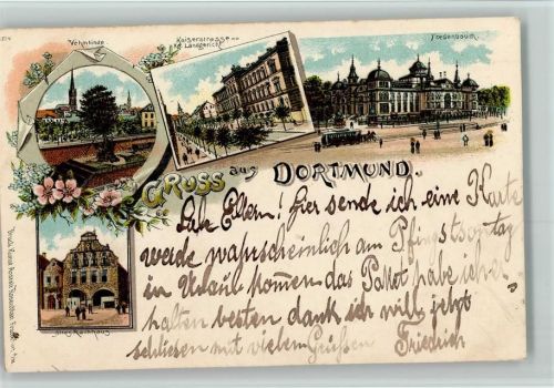 Dortmund Gruss aus - Verlag Rosenblatt - Pferdebahn, Landgericht, Vehmlinde ( Bäume )