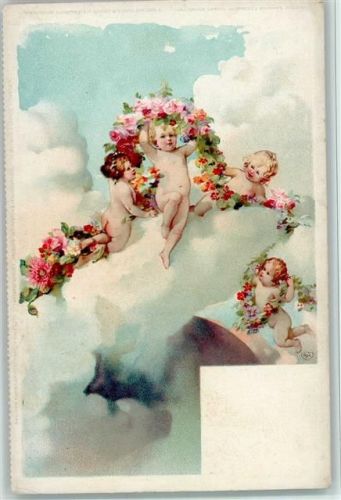 1900 nackte Engel mit Girlanden aus Blumen AK