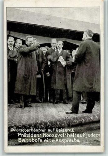 Serie Staatsoberhäupter auf Reisen Nr. X - Rossevelt hält auf jedem Bahnhof eine Ansprache AK Werbung Illustrierte "Die Zeit im Bild"