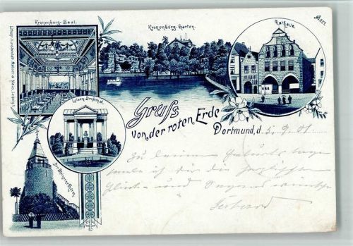 Dortmund Gruss aus - von der roten Erde, Steinerne Turm, Rathaus, Kronenburg Saal AK
