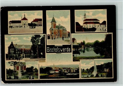 Bischofswerda 1911 Markt und Rathaus Kaiserl. Postamt Kirche Mühlteich Bürgerschule Partie im Friedrich August-Park Gesamtansicht Springbrunnen Mehrfachaufnahme