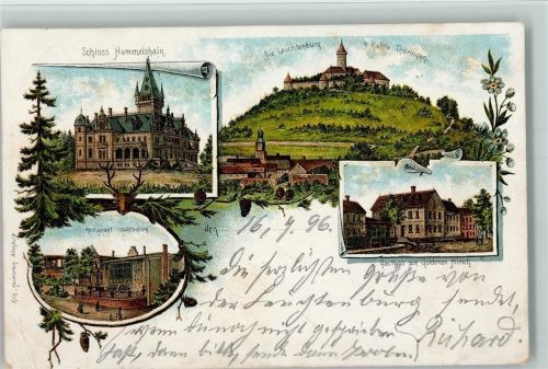 Kahla 1896 Gruss aus - Litho, Schloß Hummelstein, Restaurant Leuchtenburg , Gasthaus zum goldenen Hirsch