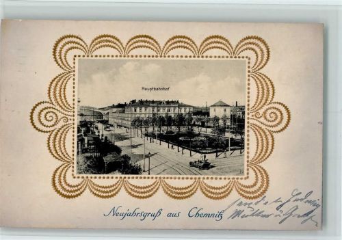 Chemnitz 1912 Passepartout Schmuckrahmen Golddruck - Bahnhof, Jugendstil AK