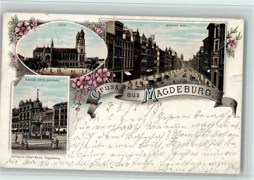 Magdeburg 1898 Dom Breiter Weg Kaiser Otto-Denkmal 3-Bildaufnahme Blumen