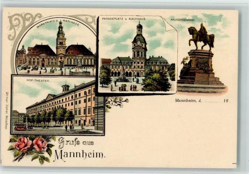 Mannheim Marktplatz Rathaus Paradeplatz Kaufhaus Kaiserdenkmal Hof-Theater Rosen 4-Bildaufnahme