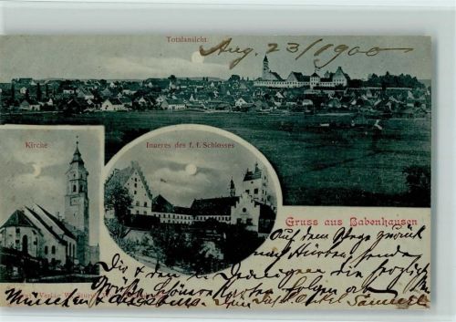 Babenhausen 1900 Gesamtansicht Kirche Inneres des f.f. Schlosses 3-Bildaufnahme