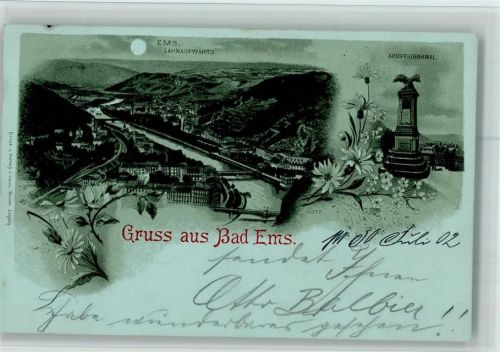 Bad Ems 1902 Gruss aus - Panorama u. Kriegerdenkmal - Gute Erhaltung - Verlag Glaser 4077 AK