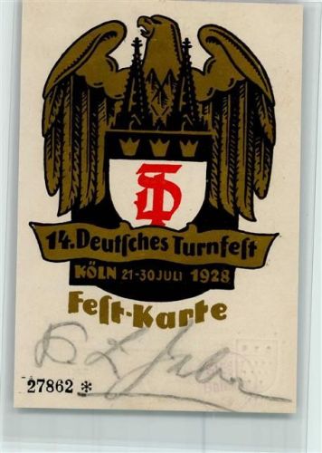 Köln Stadt Festkarte 14. Deutsches Turnfest 1928, gute Erhaltung