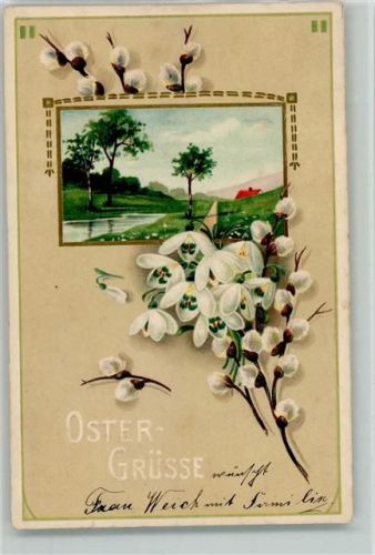 Kätzchenzweige, Maiglöckchen und Landschaft litho 1910 AK