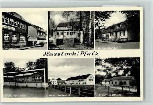 Haßloch 1960 V.f.B. Sportheim, Jahnstraße mit VW Bus, Schützenhaus, Naturfreundehaus , sehr gute Erhaltung AK