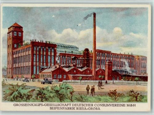 Riesa Seifenfabrik, qualmender Schornstein, Grosseinkaufs-Gesellschaft Deutscher Consumvereine, sehr gute Erhaltung