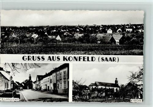 Konfeld 1960 Straßenpartie, Kirche, Teilansicht , sehr gute Erhaltung AK