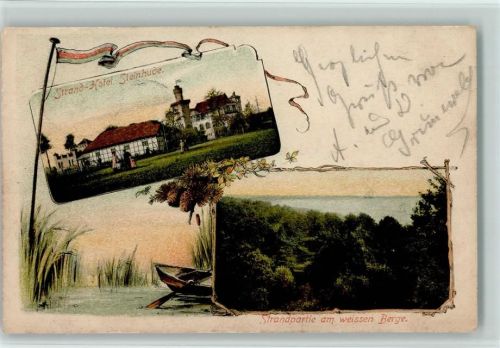 Steinhude 1904 Strand-Hotel Steinhude Strandpartie am weissen Berge Fahne Ruderboot Schilf 2-Bildaufnahme