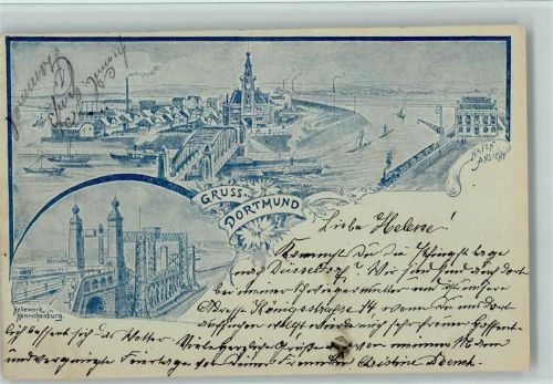Dortmund 1902 Hafen-Ansicht Dampfer Brücke Hebewerk in Henrichenburg 2-Bildaufnahme