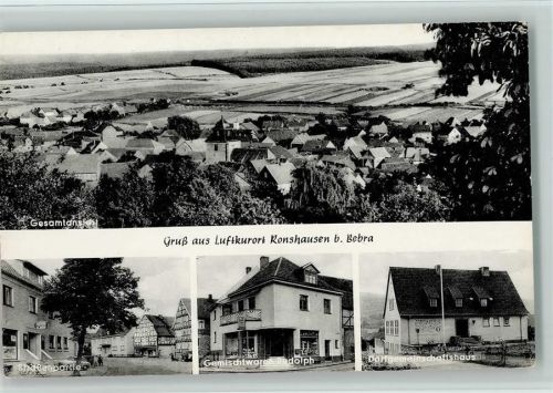 Ronshausen Gesamtansicht, Gemeindehaus, Warenhandlung, Straßenpartie ca 1955 AK